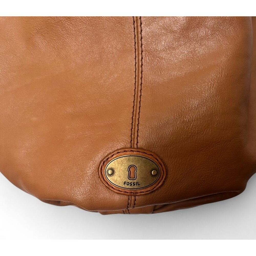 Fossil Tan Genuine Leather Vintage Bucket Bag Shoulder Purse Key Charm Y2K - Picture 3 of 10